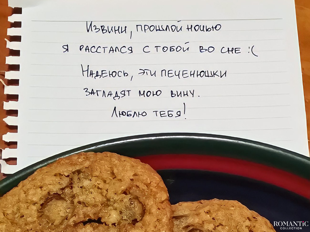 Извини, прошлой ночью расстался с тобой во сне. Надеюсь, эти печенюшки загладят мою вину.